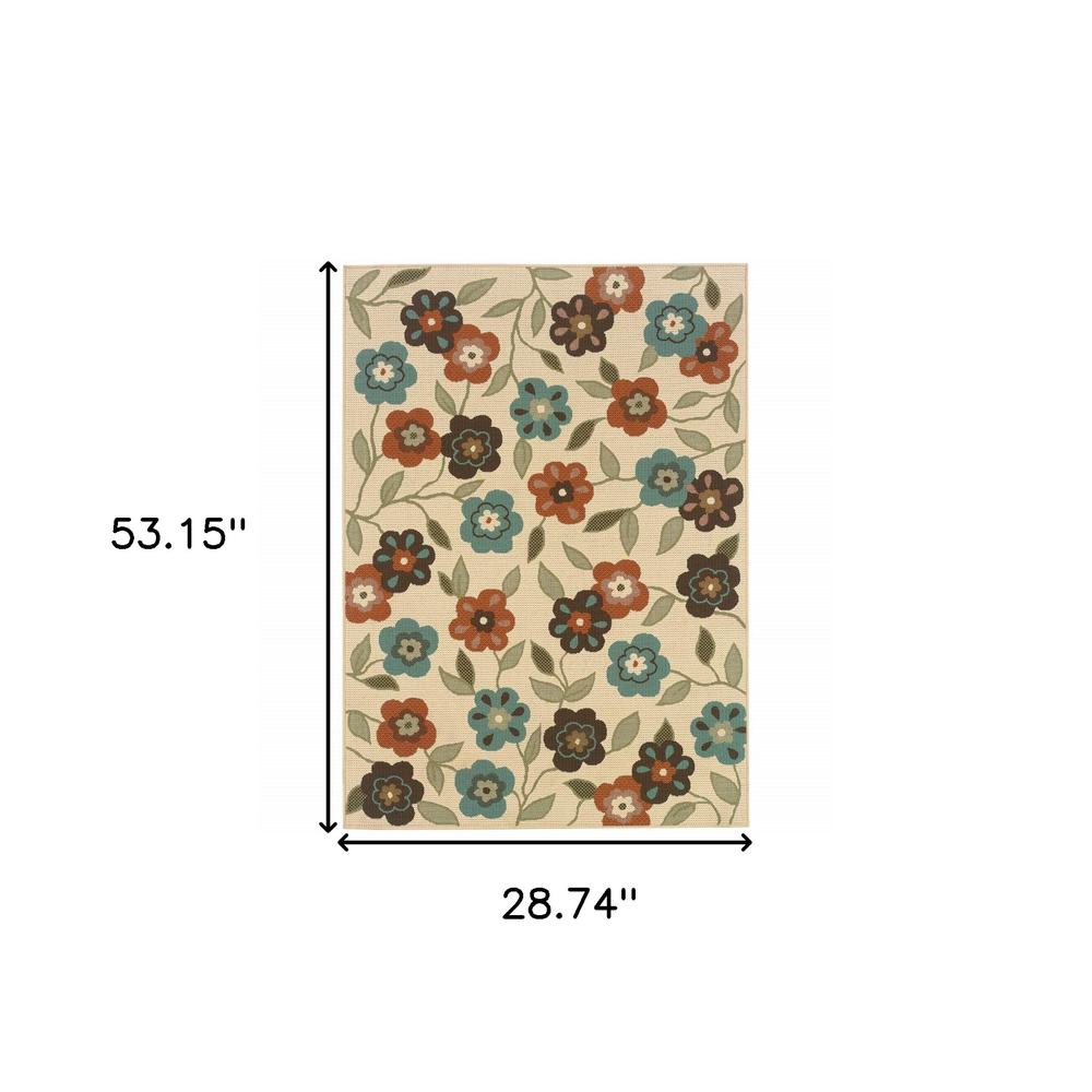2' X 4' Brown and Ivory Floral Stain Resistant Indoor Outdoor Area Rug. Picture 5