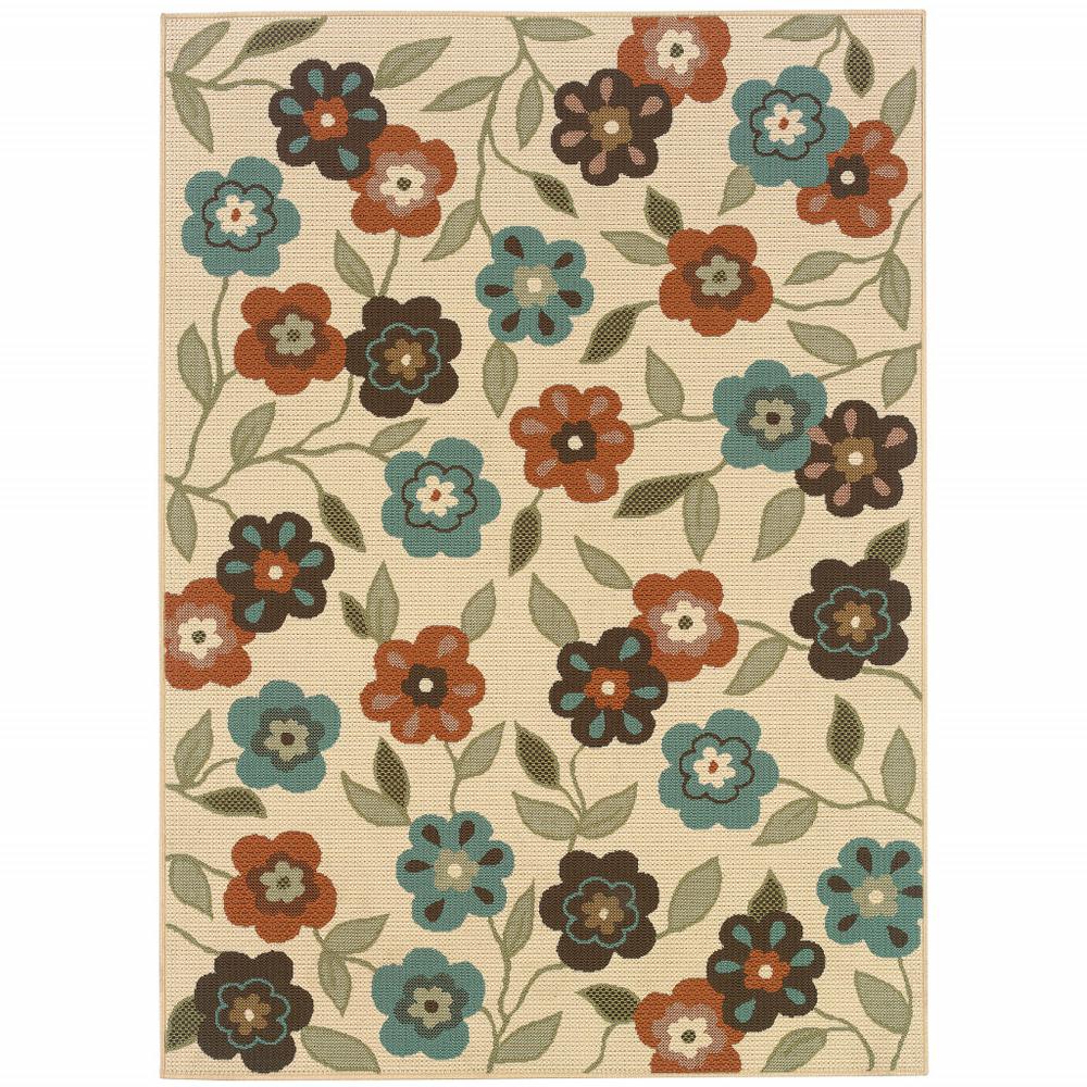 7' x 10' Brown and Ivory Floral Stain Resistant Indoor Outdoor Area Rug. Picture 1