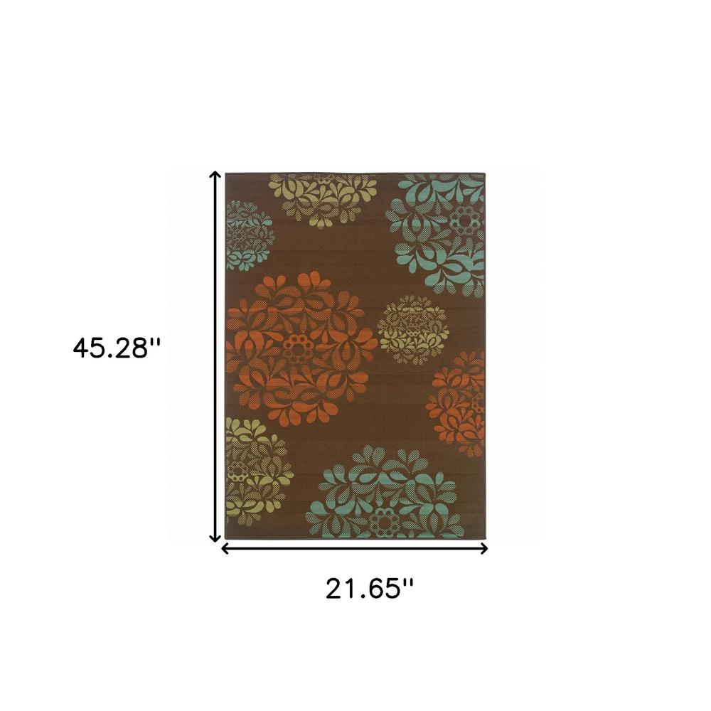 2' X 4' Brown Floral Stain Resistant Indoor Outdoor Area Rug. Picture 6