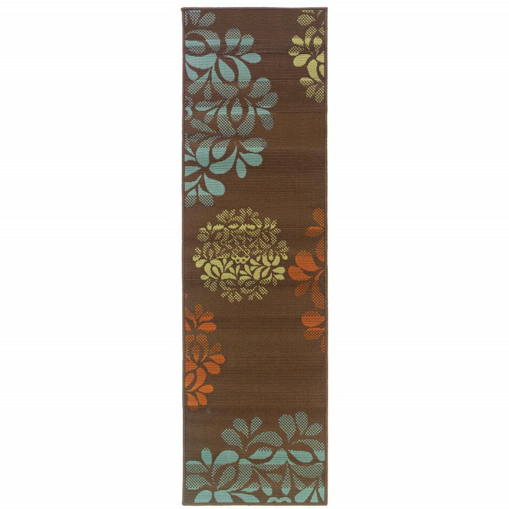 2' X 8' Brown Floral Stain Resistant Indoor Outdoor Area Rug. Picture 1
