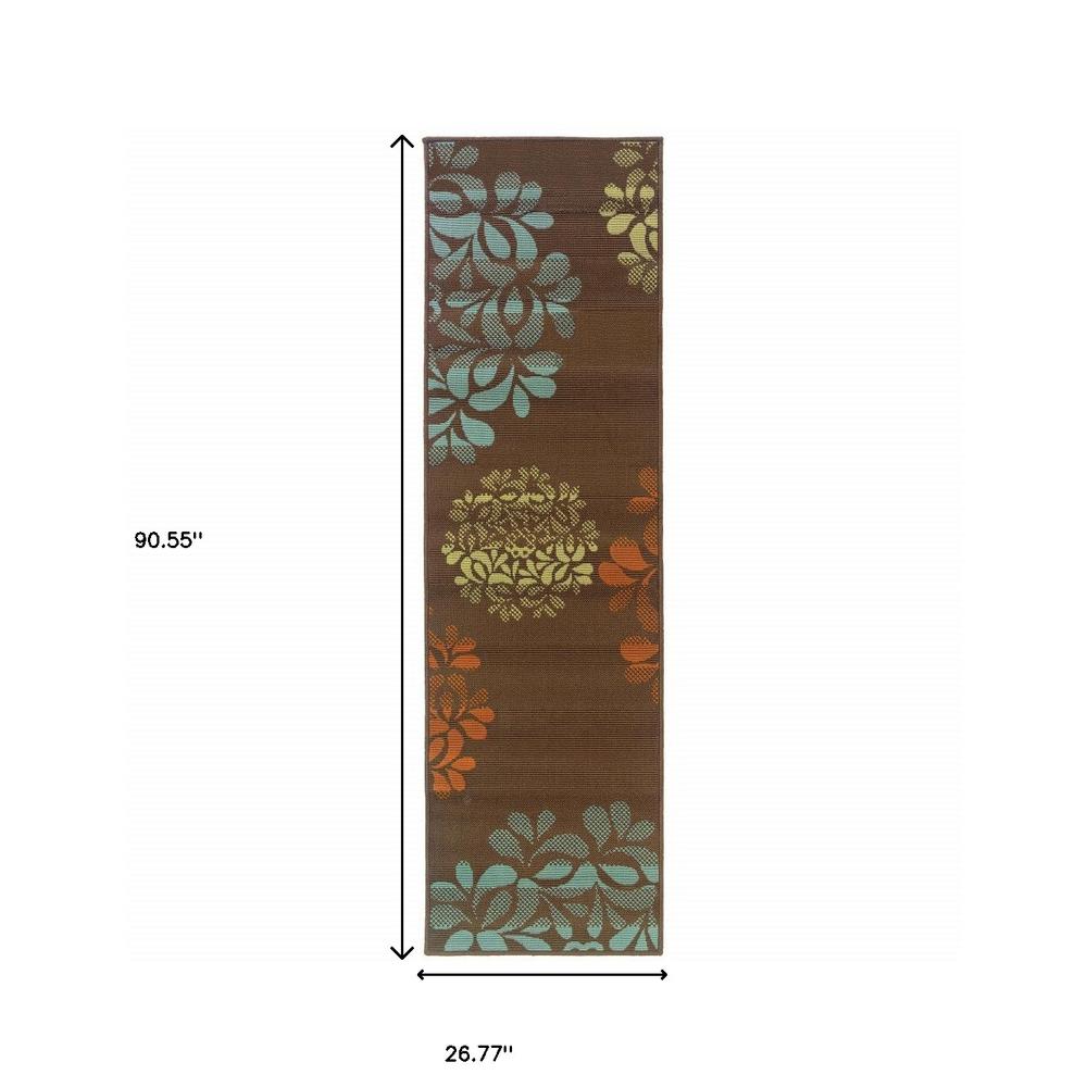 2' X 8' Brown Floral Stain Resistant Indoor Outdoor Area Rug. Picture 4