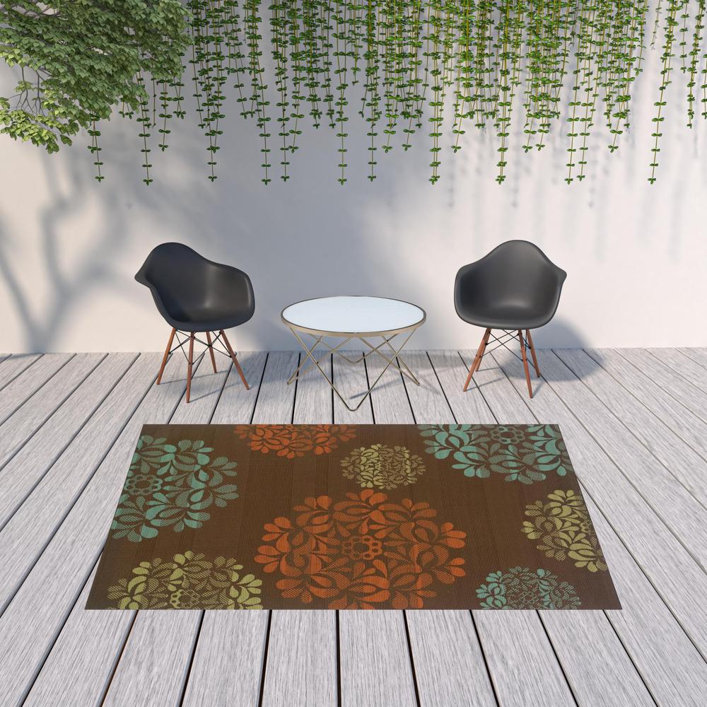 7' x 10' Brown Floral Stain Resistant Indoor Outdoor Area Rug. Picture 2