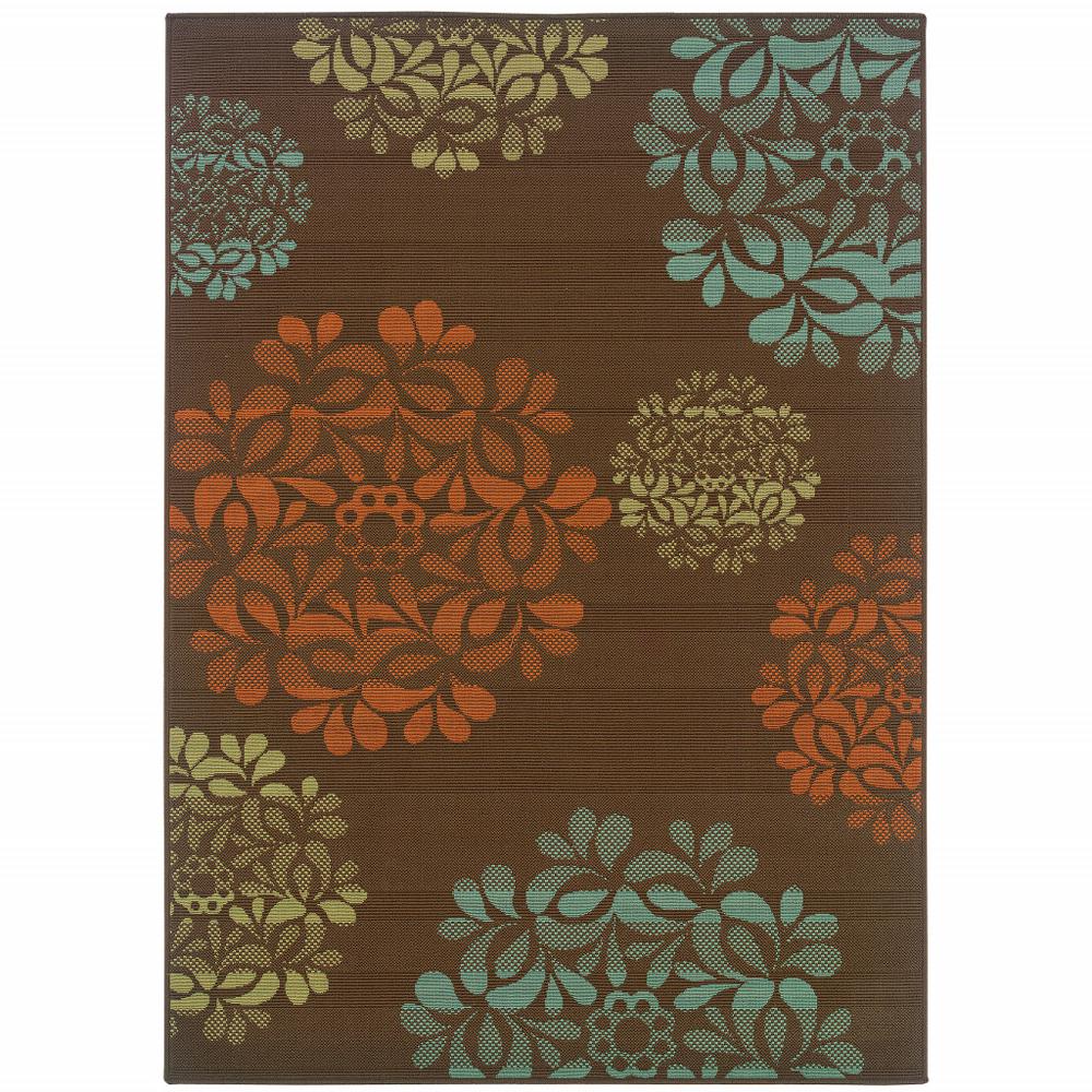 9' X 13' Brown Floral Stain Resistant Indoor Outdoor Area Rug. Picture 1