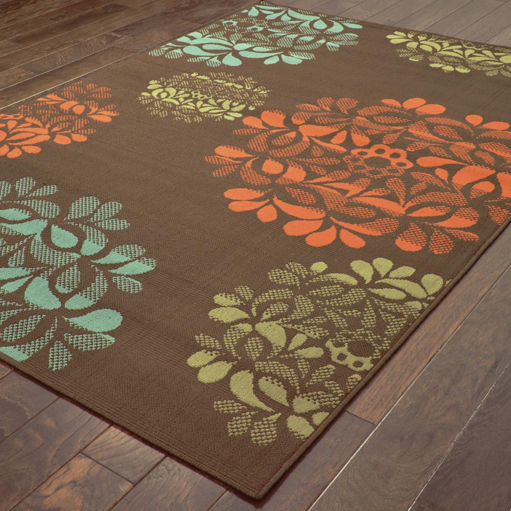 9' X 13' Brown Floral Stain Resistant Indoor Outdoor Area Rug. Picture 4