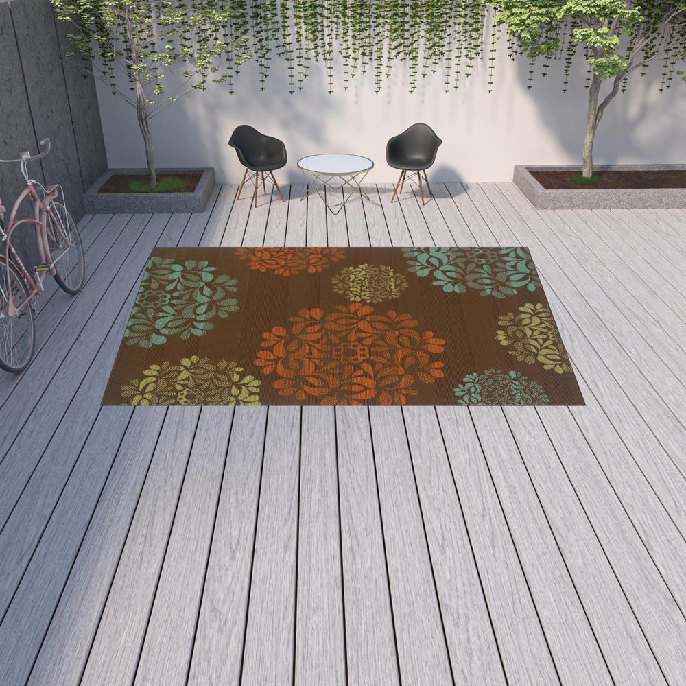 9' X 13' Brown Floral Stain Resistant Indoor Outdoor Area Rug. Picture 2