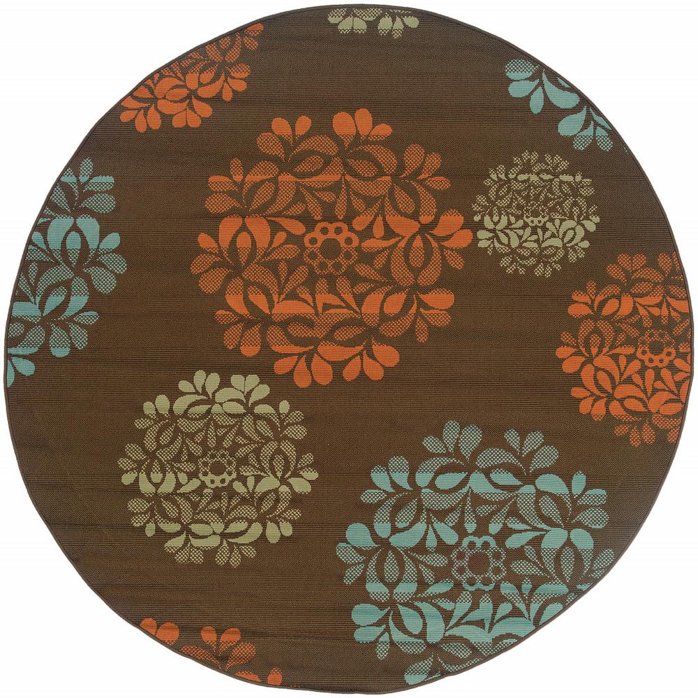 8' x 8' Brown Round Floral Stain Resistant Indoor Outdoor Area Rug. Picture 1