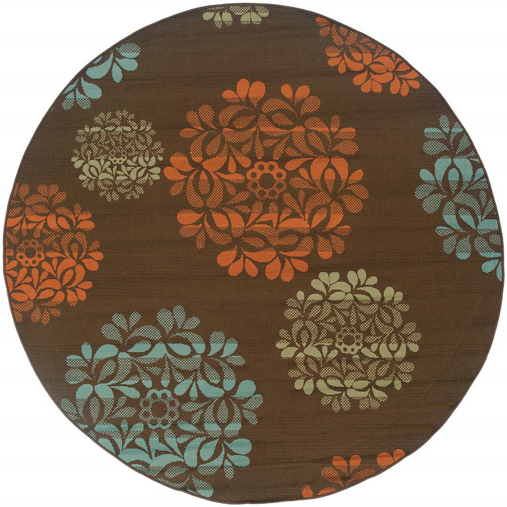 8' x 8' Brown Round Floral Stain Resistant Indoor Outdoor Area Rug. Picture 2