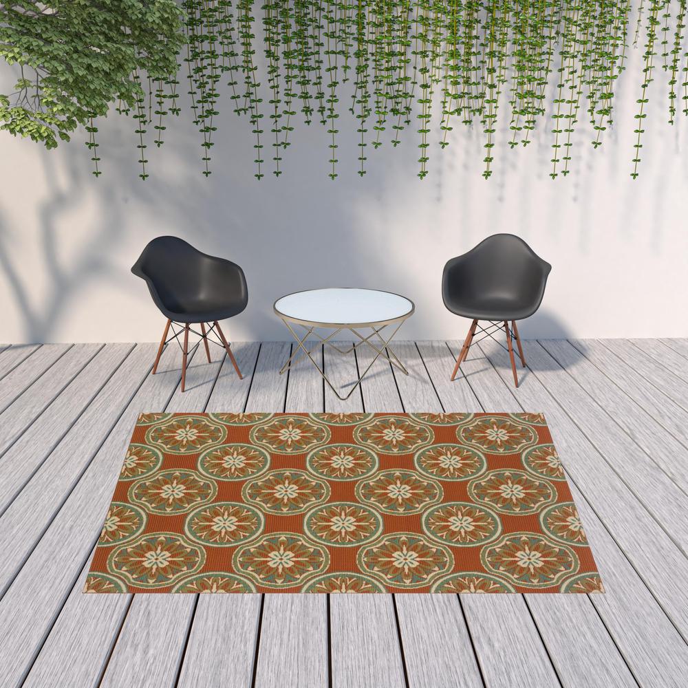 7' x 10' Brown and Ivory Floral Stain Resistant Indoor Outdoor Area Rug. Picture 2