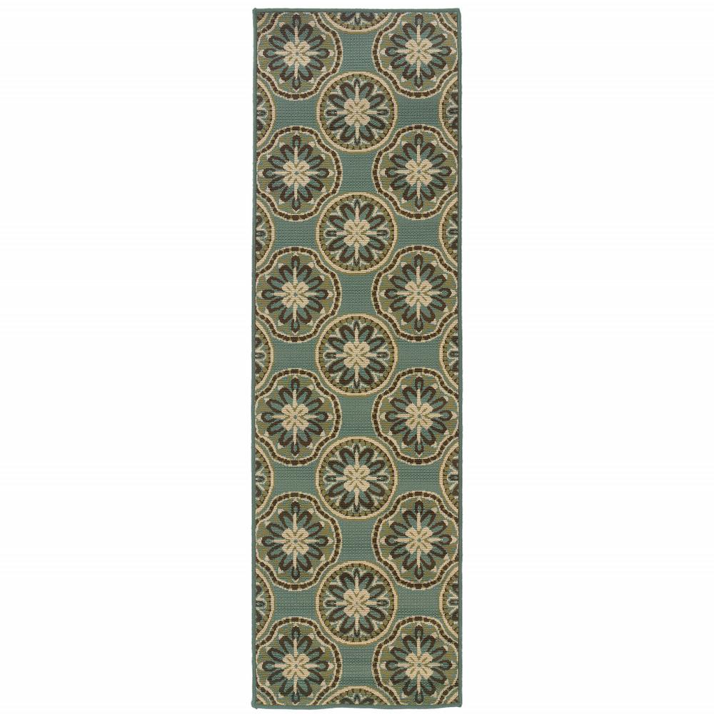 2' X 8' Blue and Ivory Floral Stain Resistant Indoor Outdoor Area Rug. Picture 1