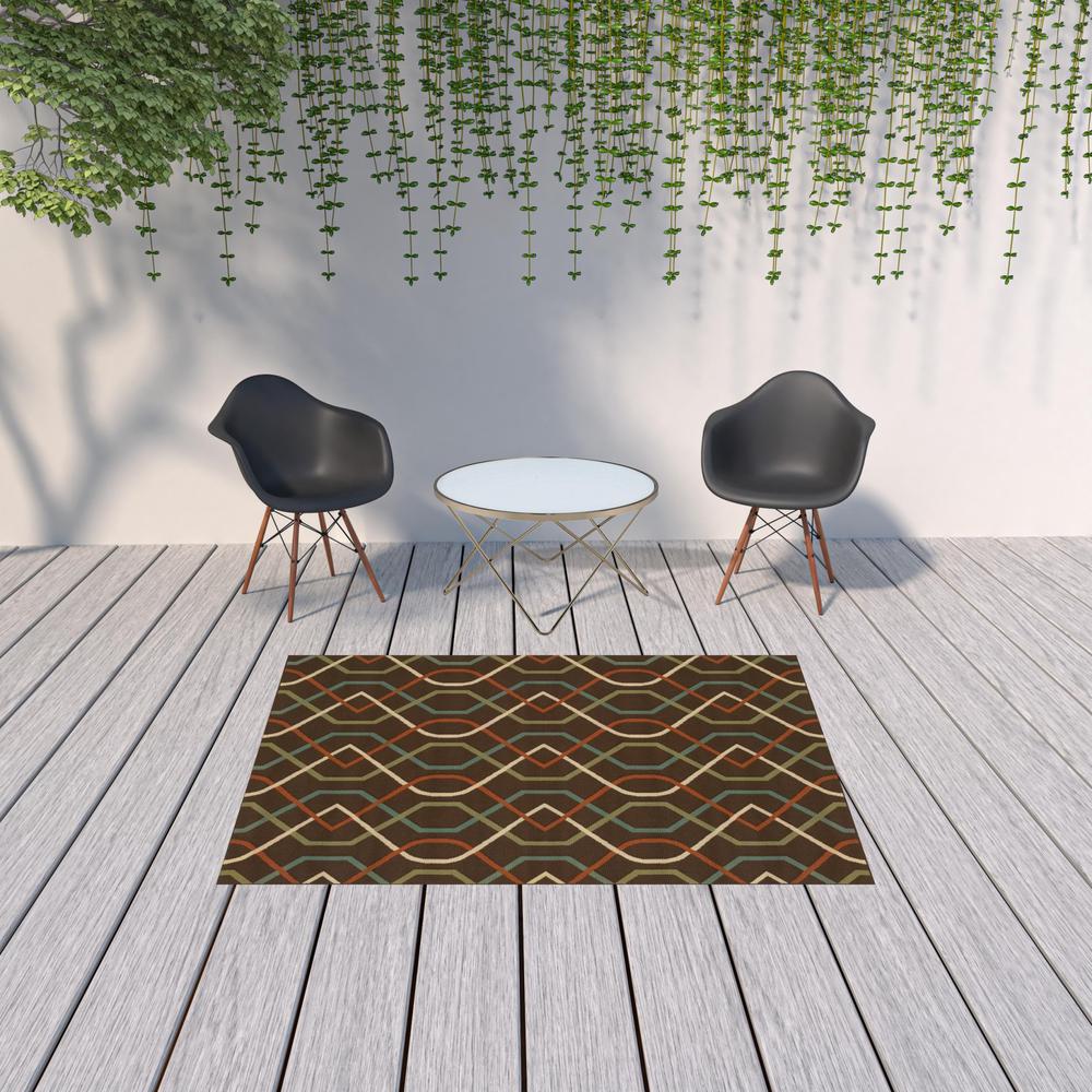 5' x 8' Brown and Ivory Geometric Stain Resistant Indoor Outdoor Area Rug. Picture 2