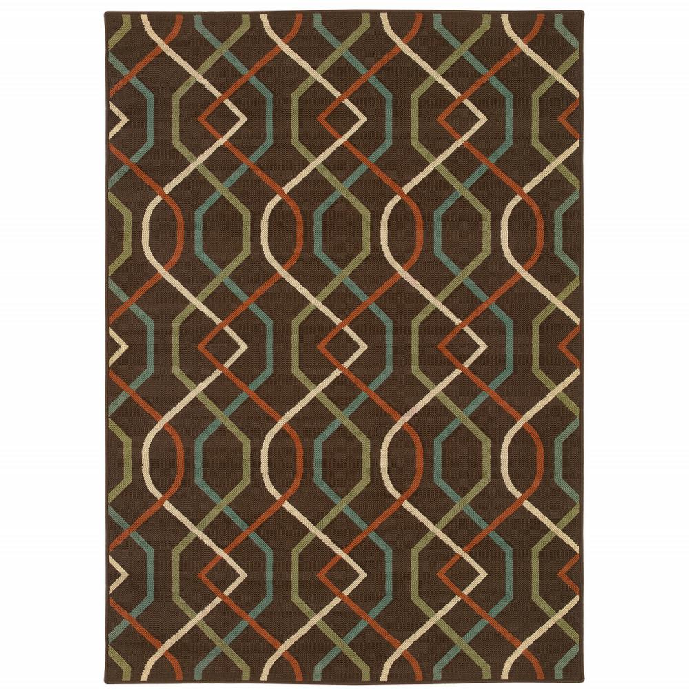 8' x 11' Brown and Ivory Geometric Stain Resistant Indoor Outdoor Area Rug. Picture 1