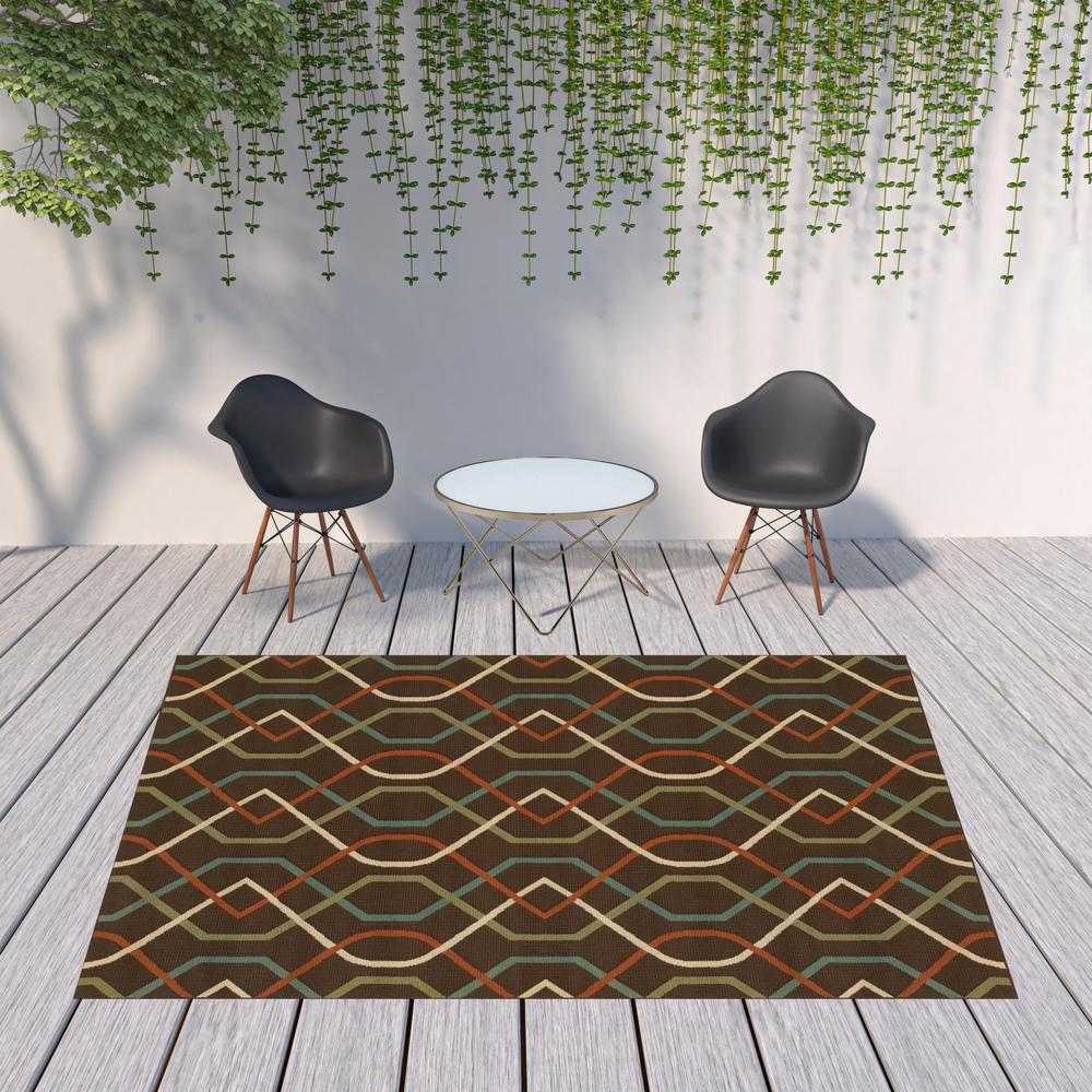 8' x 11' Brown and Ivory Geometric Stain Resistant Indoor Outdoor Area Rug. Picture 2