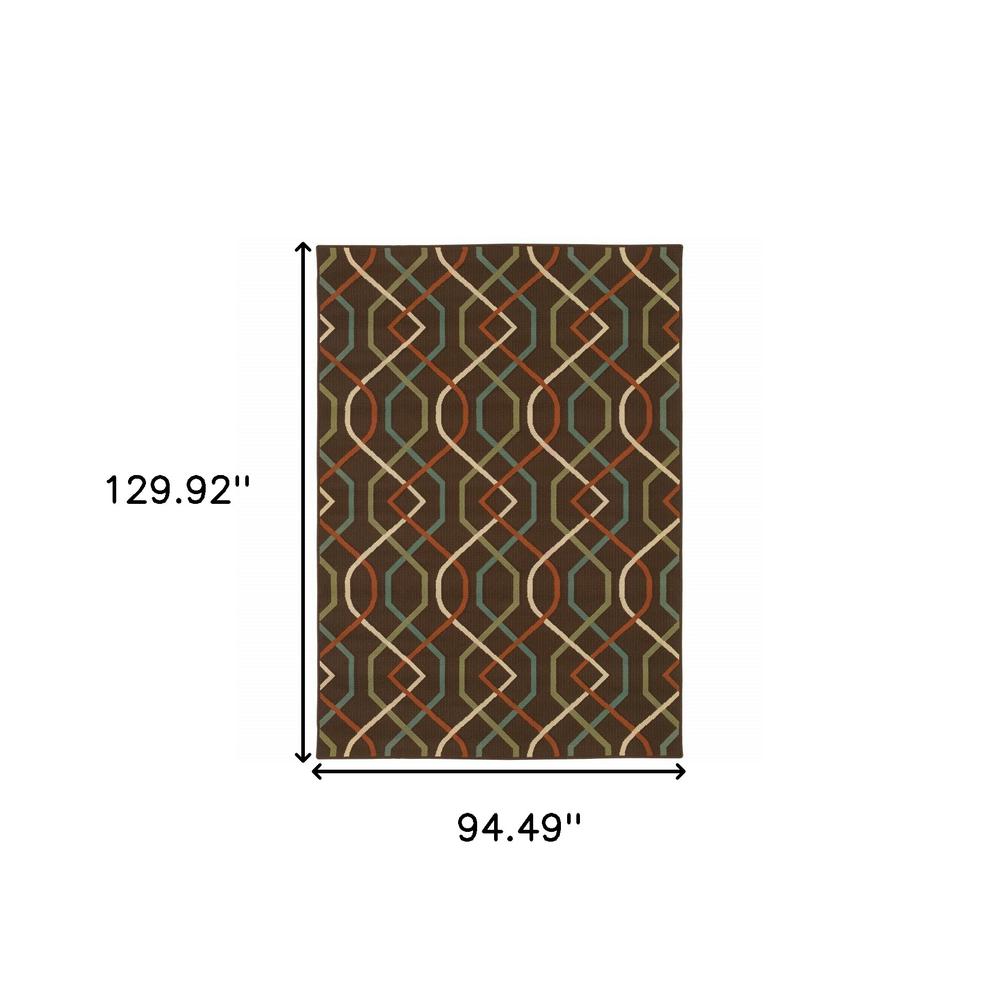 8' x 11' Brown and Ivory Geometric Stain Resistant Indoor Outdoor Area Rug. Picture 5