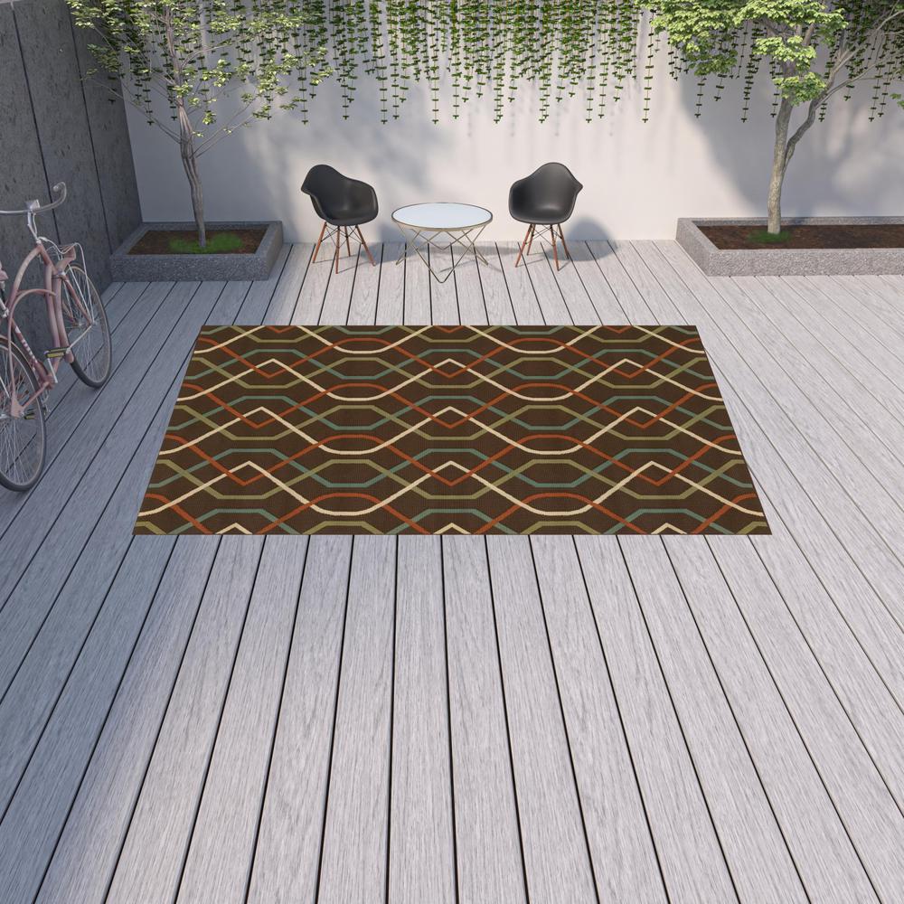 9' X 13' Brown and Ivory Geometric Stain Resistant Indoor Outdoor Area Rug. Picture 2