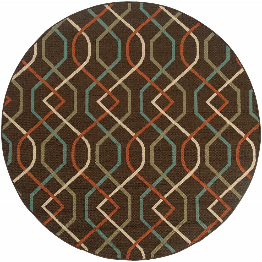 8' x 8' Brown and Ivory Round Geometric Stain Resistant Indoor Outdoor Area Rug. Picture 1