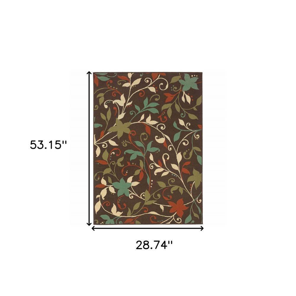 2' X 4' Brown Floral Stain Resistant Indoor Outdoor Area Rug. Picture 4