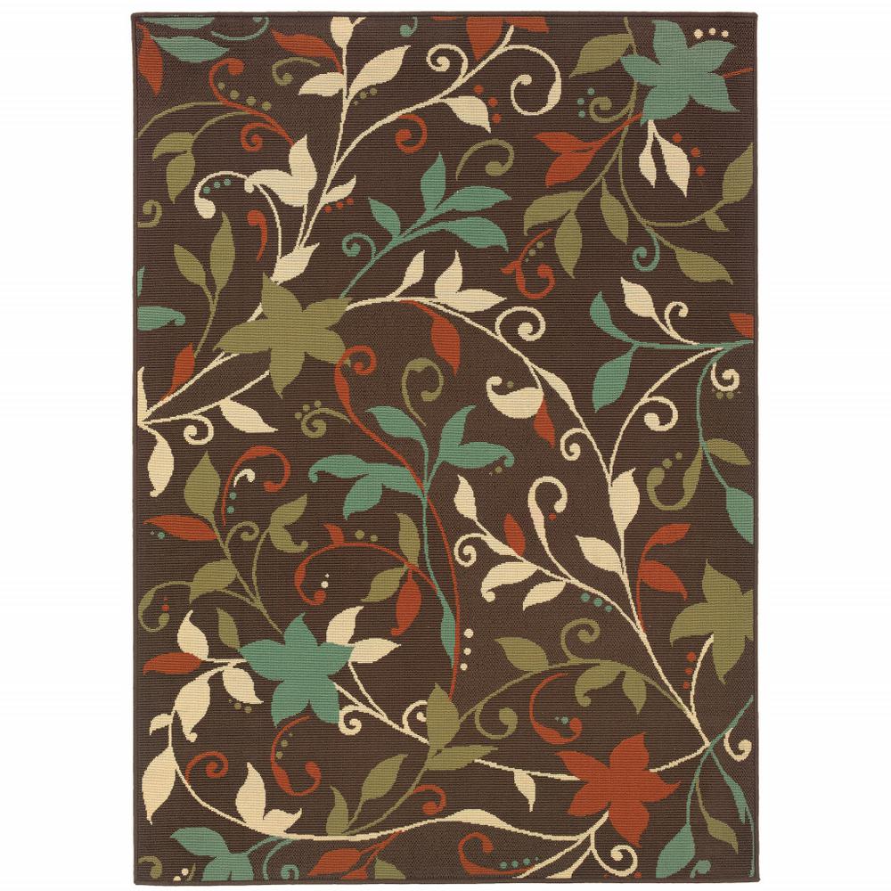 4' x 6' Brown Floral Stain Resistant Indoor Outdoor Area Rug. Picture 1
