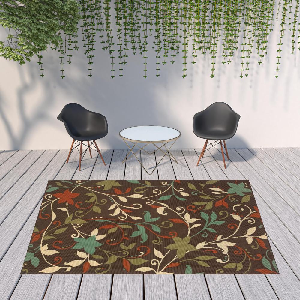 8' x 11' Brown Floral Stain Resistant Indoor Outdoor Area Rug. Picture 2