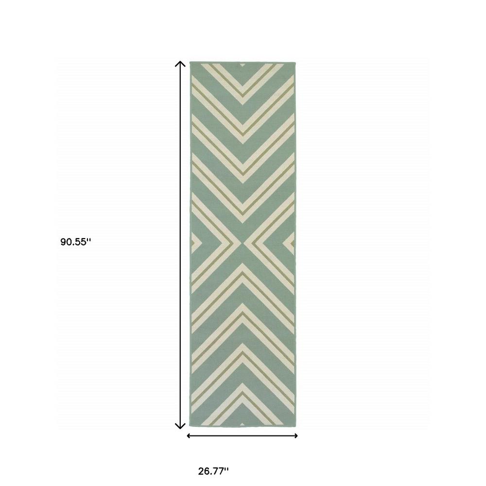 2' X 8' Blue and Green Geometric Stain Resistant Indoor Outdoor Area Rug. Picture 4