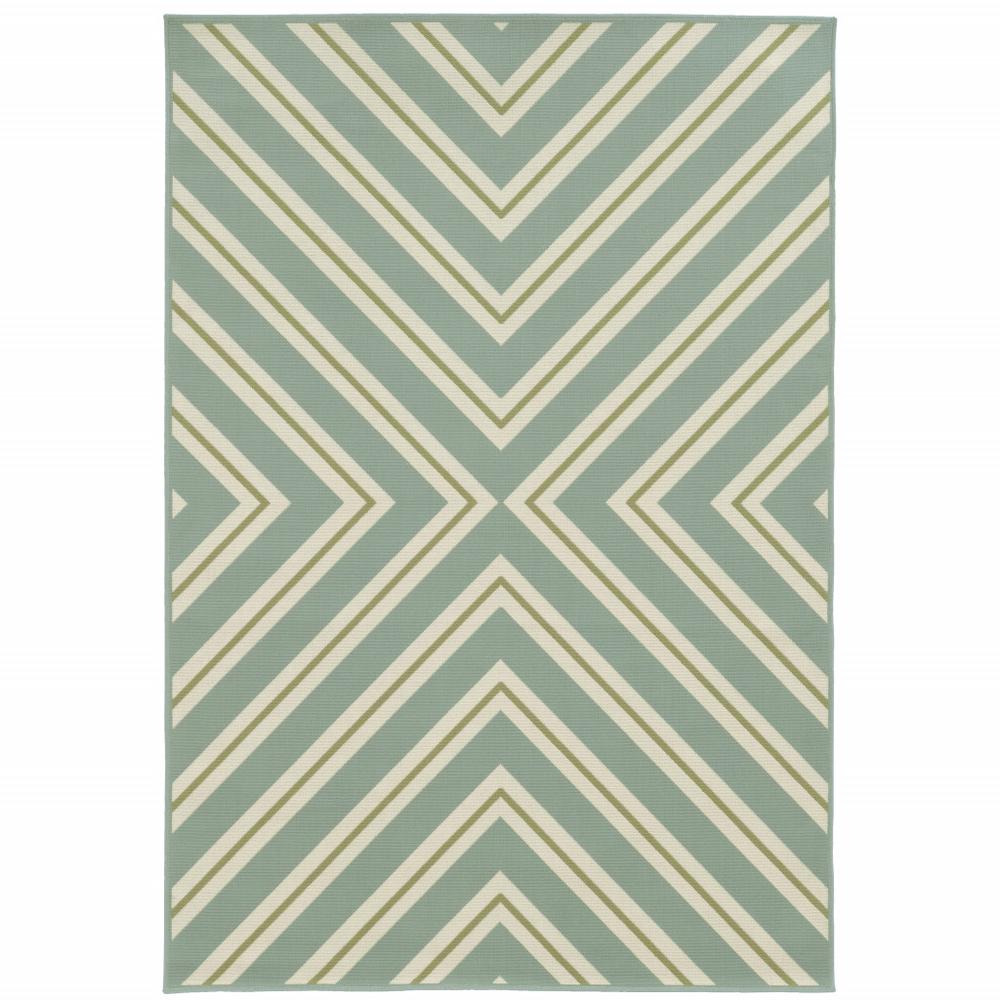 2' X 4' Blue and Green Geometric Stain Resistant Indoor Outdoor Area Rug. Picture 1
