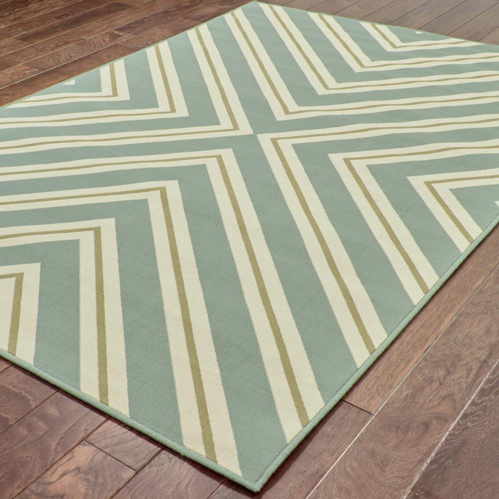 2' X 4' Blue and Green Geometric Stain Resistant Indoor Outdoor Area Rug. Picture 4