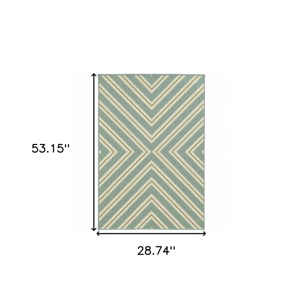 2' X 4' Blue and Green Geometric Stain Resistant Indoor Outdoor Area Rug. Picture 5
