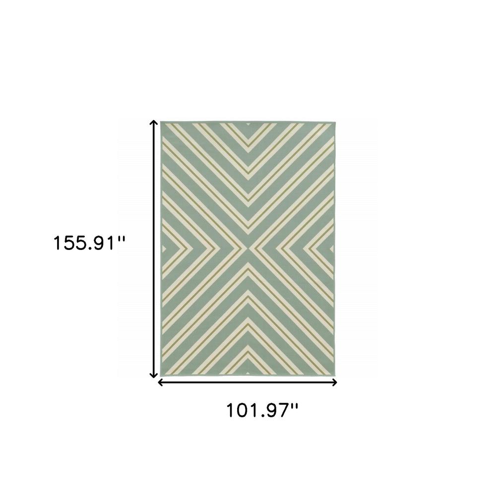 9' X 13' Blue and Green Geometric Stain Resistant Indoor Outdoor Area Rug. Picture 5