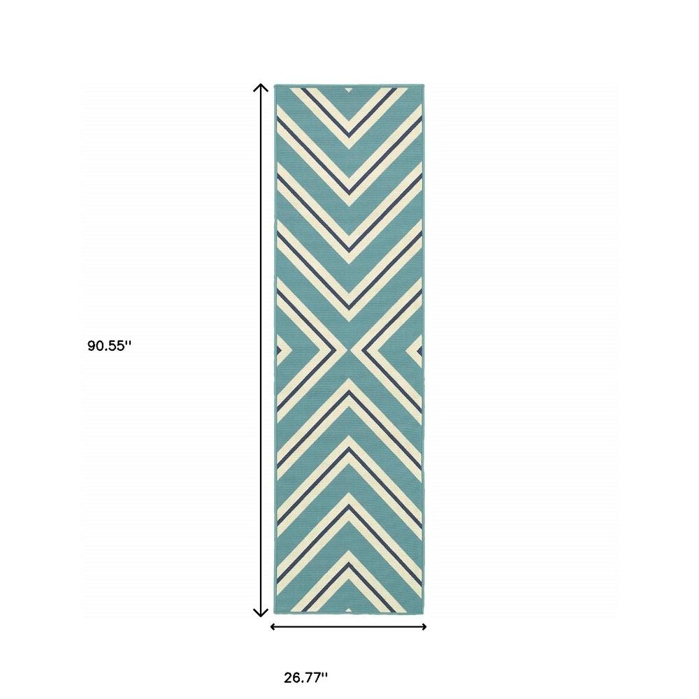 2' X 8' Blue Geometric Stain Resistant Indoor Outdoor Area Rug. Picture 4