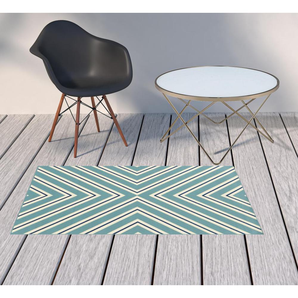 2' X 4' Blue Geometric Stain Resistant Indoor Outdoor Area Rug. Picture 2
