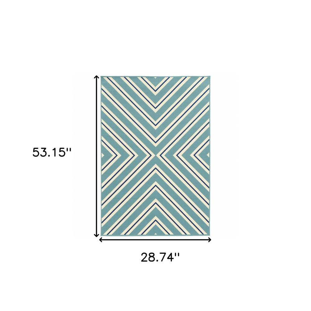 2' X 4' Blue Geometric Stain Resistant Indoor Outdoor Area Rug. Picture 5