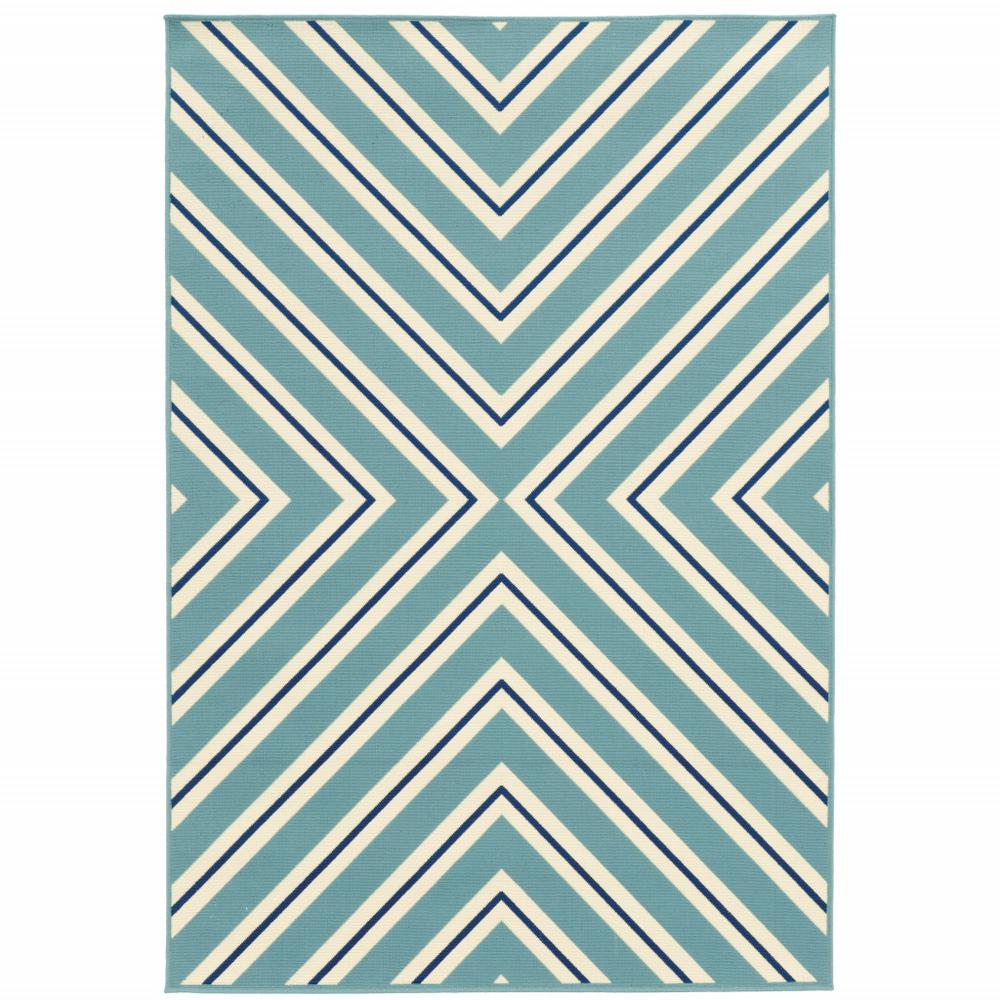 5' x 8' Blue Geometric Stain Resistant Indoor Outdoor Area Rug. Picture 1