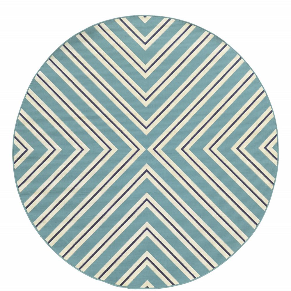 8' x 8' Blue Round Geometric Stain Resistant Indoor Outdoor Area Rug. Picture 1