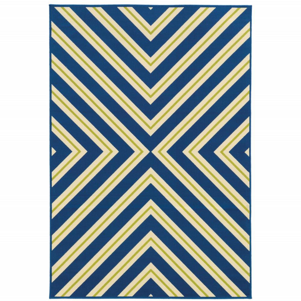 2' X 4' Blue and Ivory Geometric Stain Resistant Indoor Outdoor Area Rug. Picture 1
