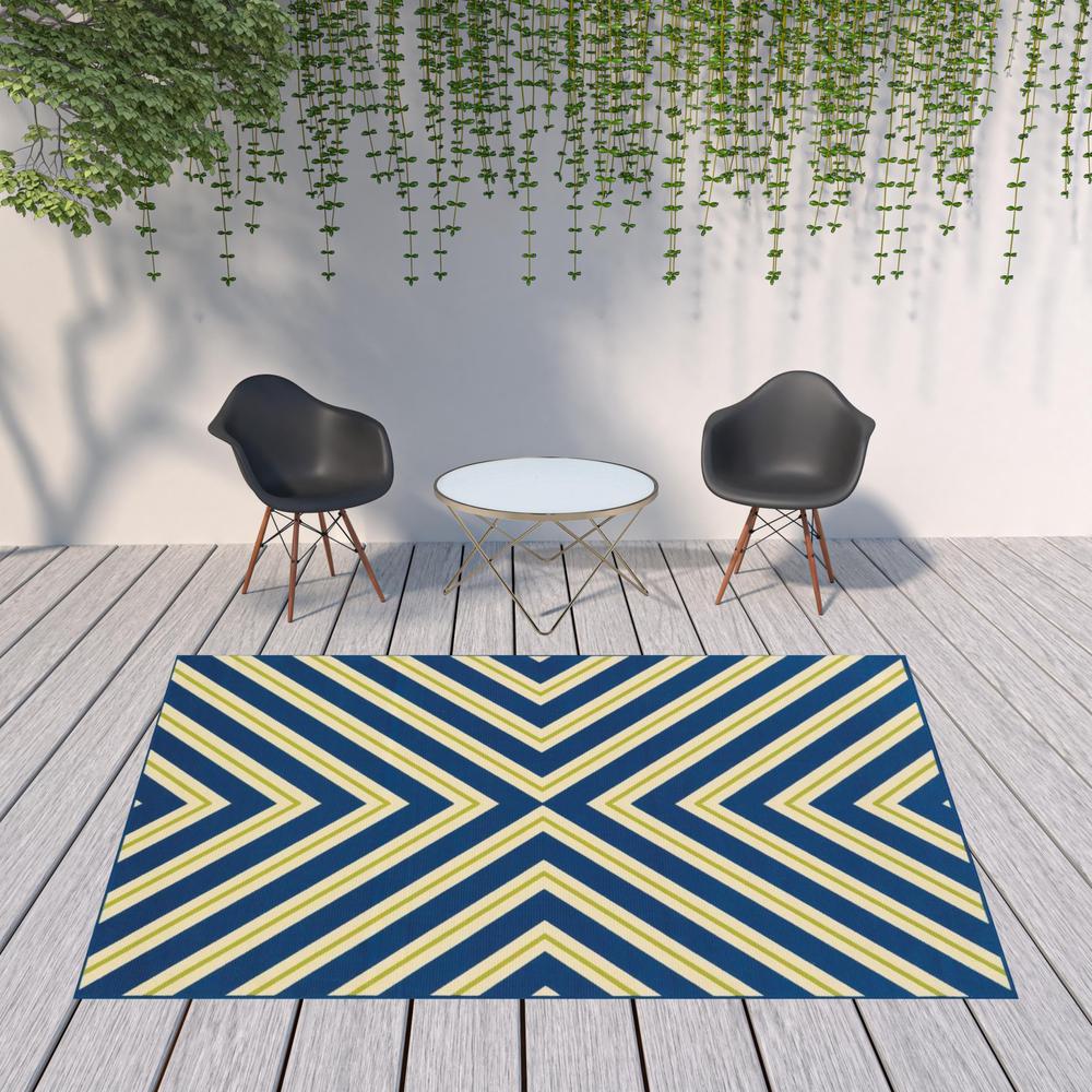 8' x 11' Blue and Ivory Geometric Stain Resistant Indoor Outdoor Area Rug. Picture 2
