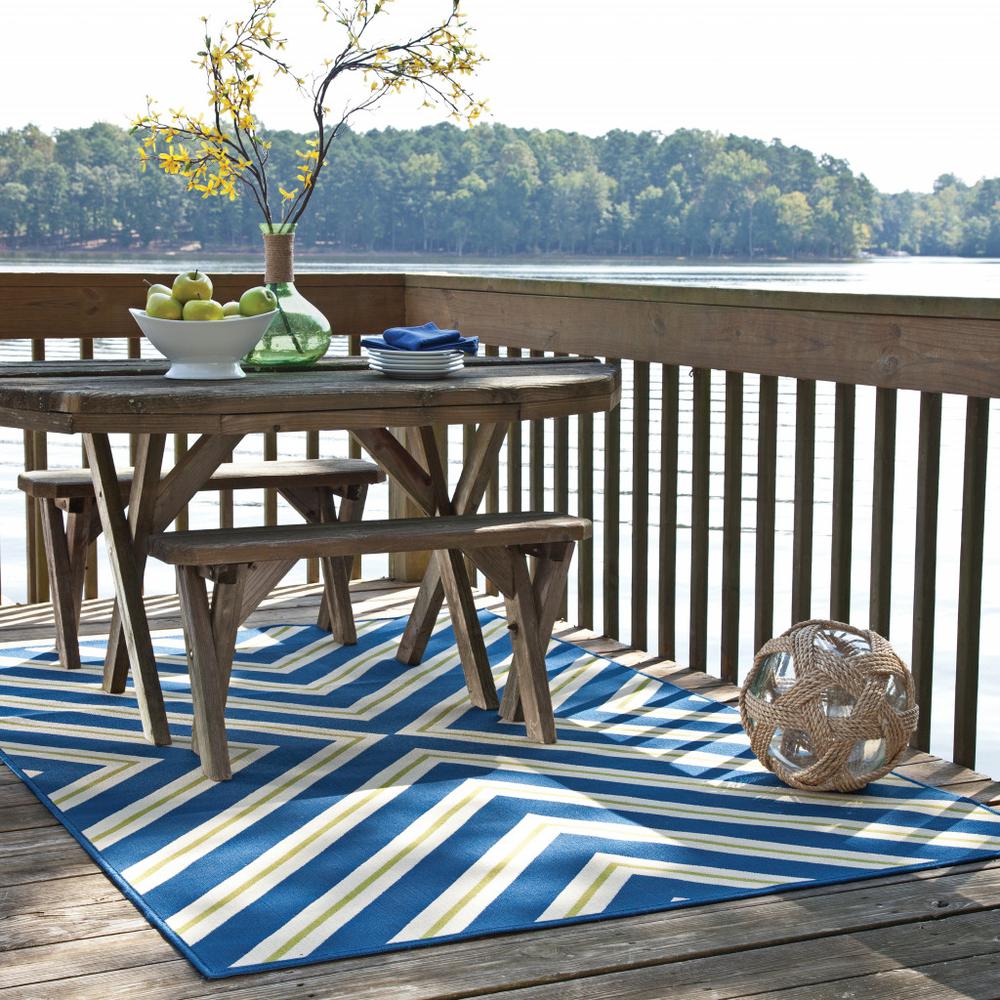 9' X 13' Blue and Ivory Geometric Stain Resistant Indoor Outdoor Area Rug. Picture 4
