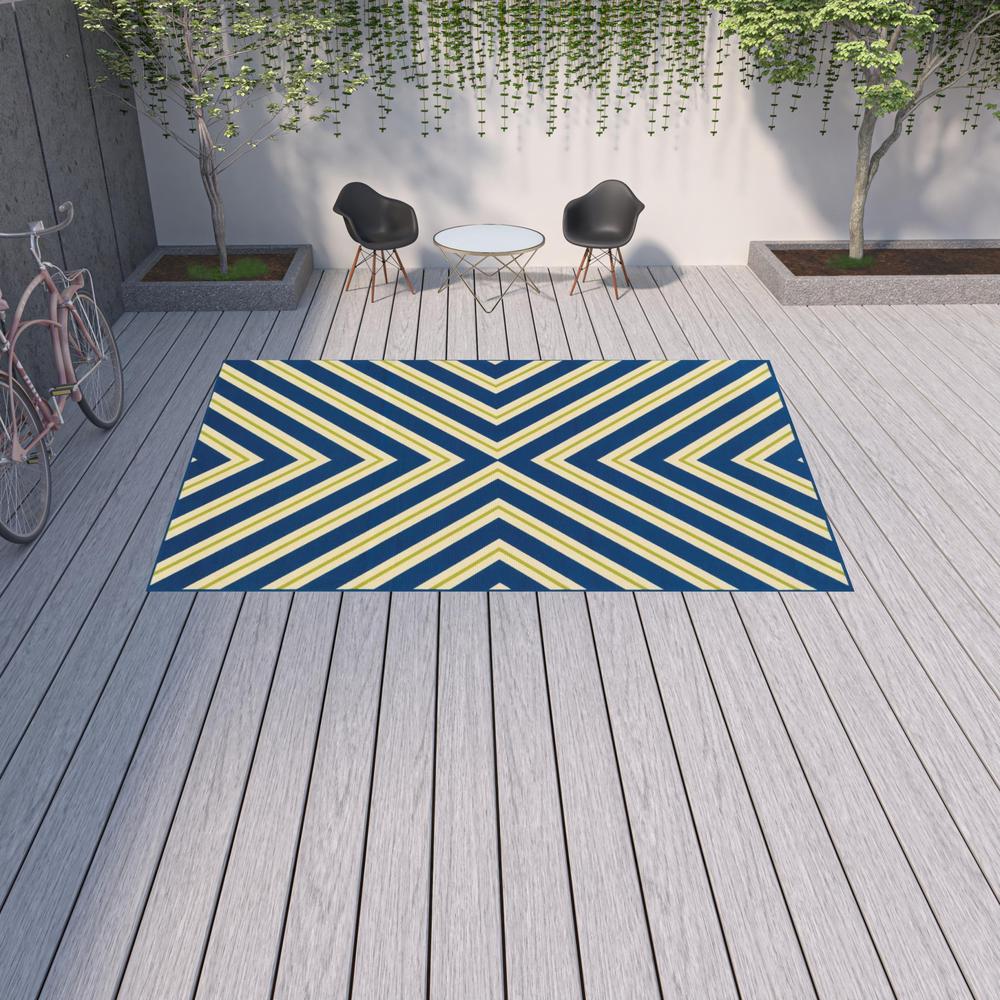 9' X 13' Blue and Ivory Geometric Stain Resistant Indoor Outdoor Area Rug. Picture 2