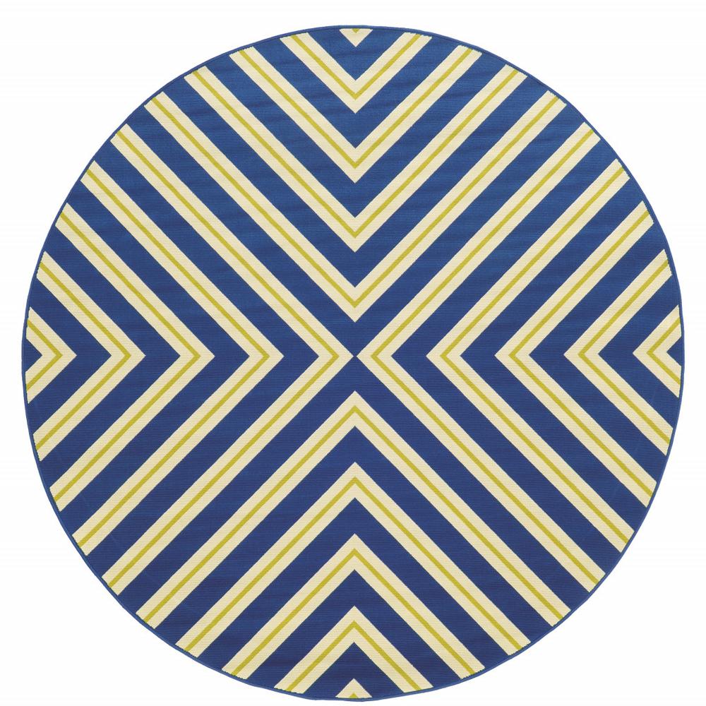 8' x 8' Blue and Ivory Round Geometric Stain Resistant Indoor Outdoor Area Rug. Picture 1