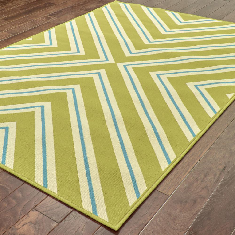 2' X 4' Blue and Green Geometric Stain Resistant Indoor Outdoor Area Rug. Picture 4