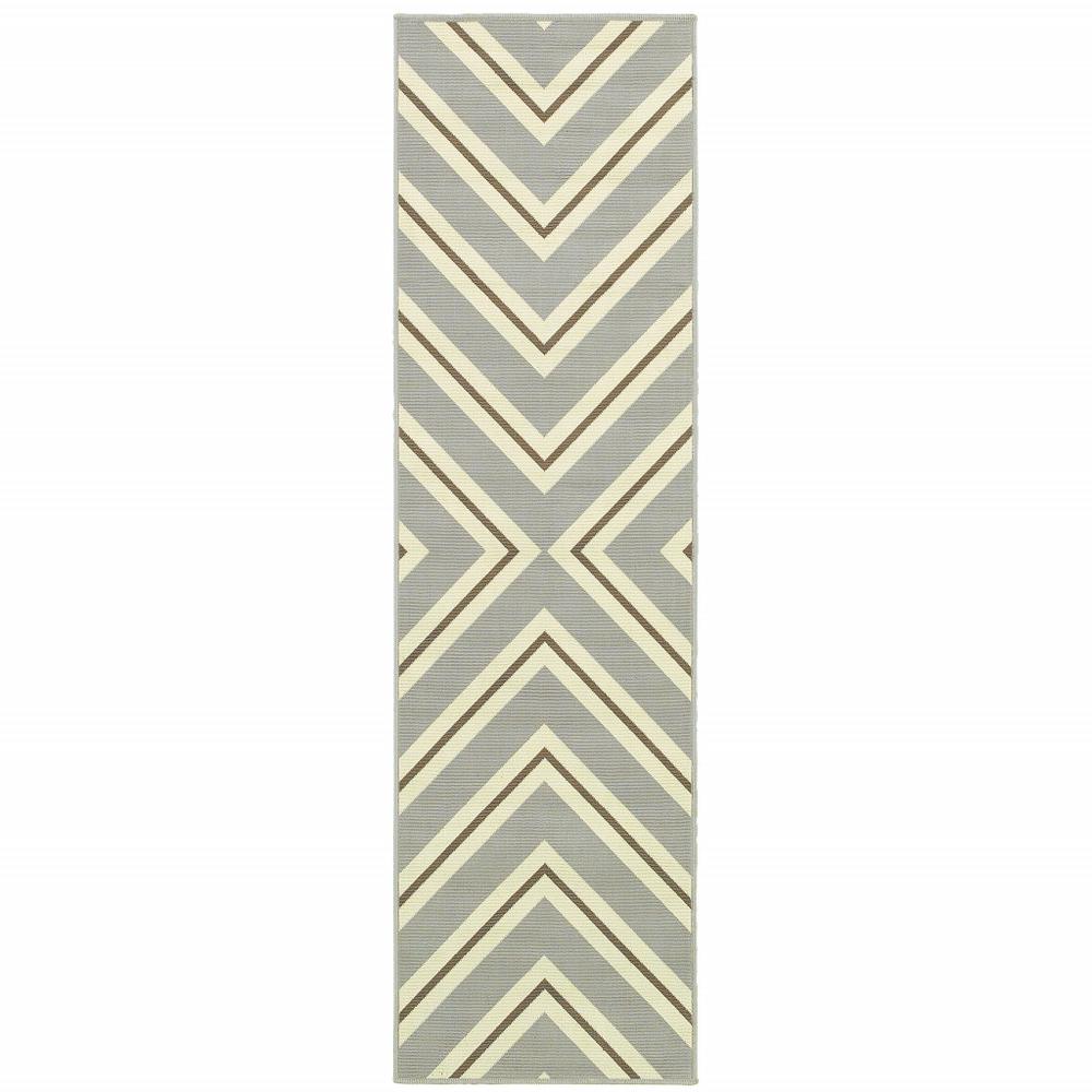 2' X 8' Gray and Ivory Geometric Stain Resistant Indoor Outdoor Area Rug. Picture 1