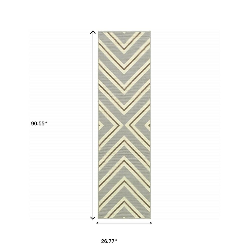 2' X 8' Gray and Ivory Geometric Stain Resistant Indoor Outdoor Area Rug. Picture 4