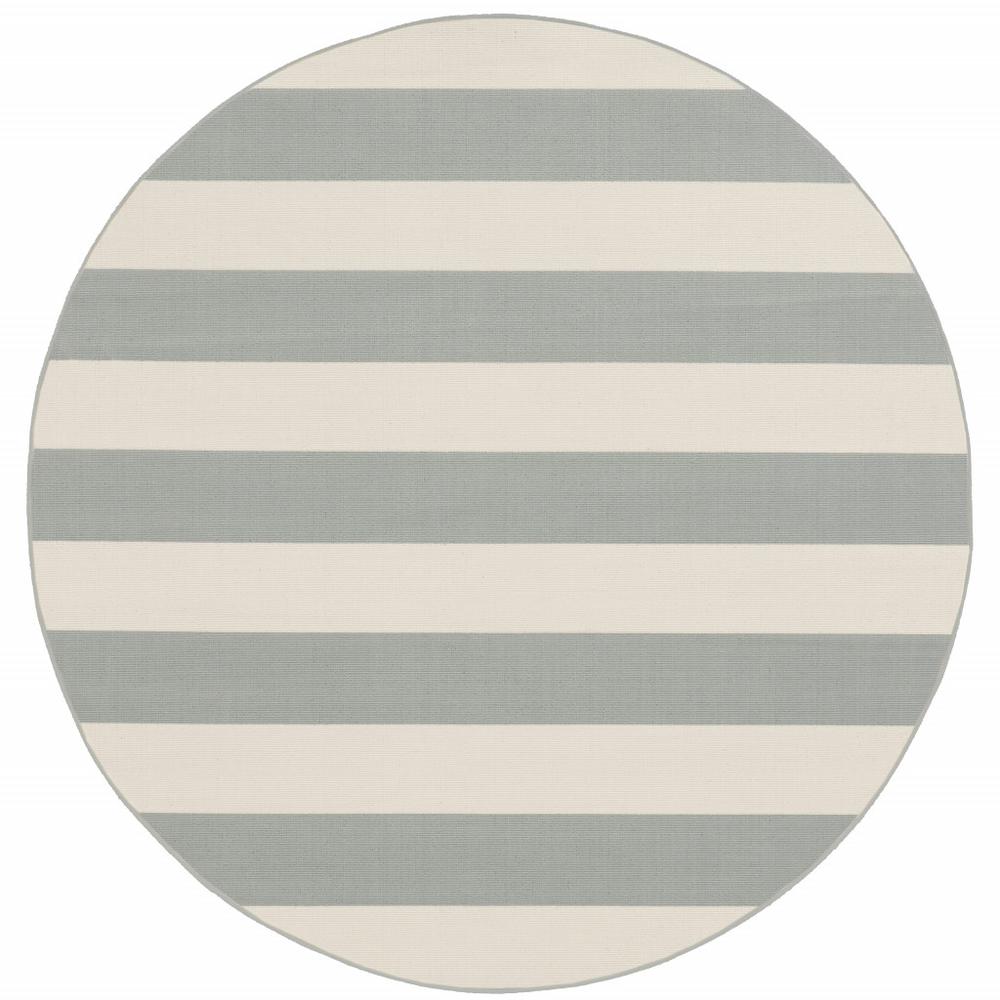 8' x 8' Gray and Ivory Round Geometric Stain Resistant Indoor Outdoor Area Rug. Picture 1