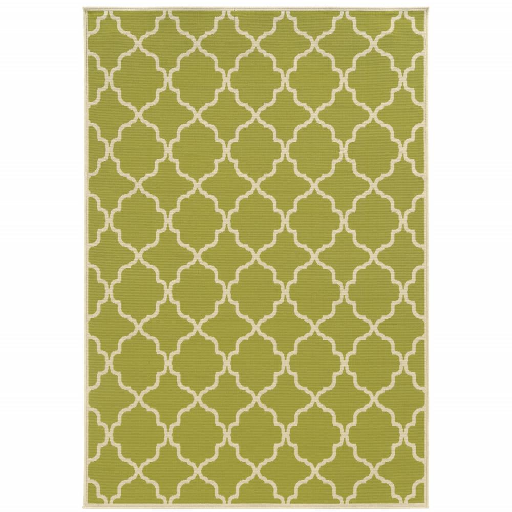 7' x 10' Green and Ivory Geometric Stain Resistant Indoor Outdoor Area Rug. Picture 1
