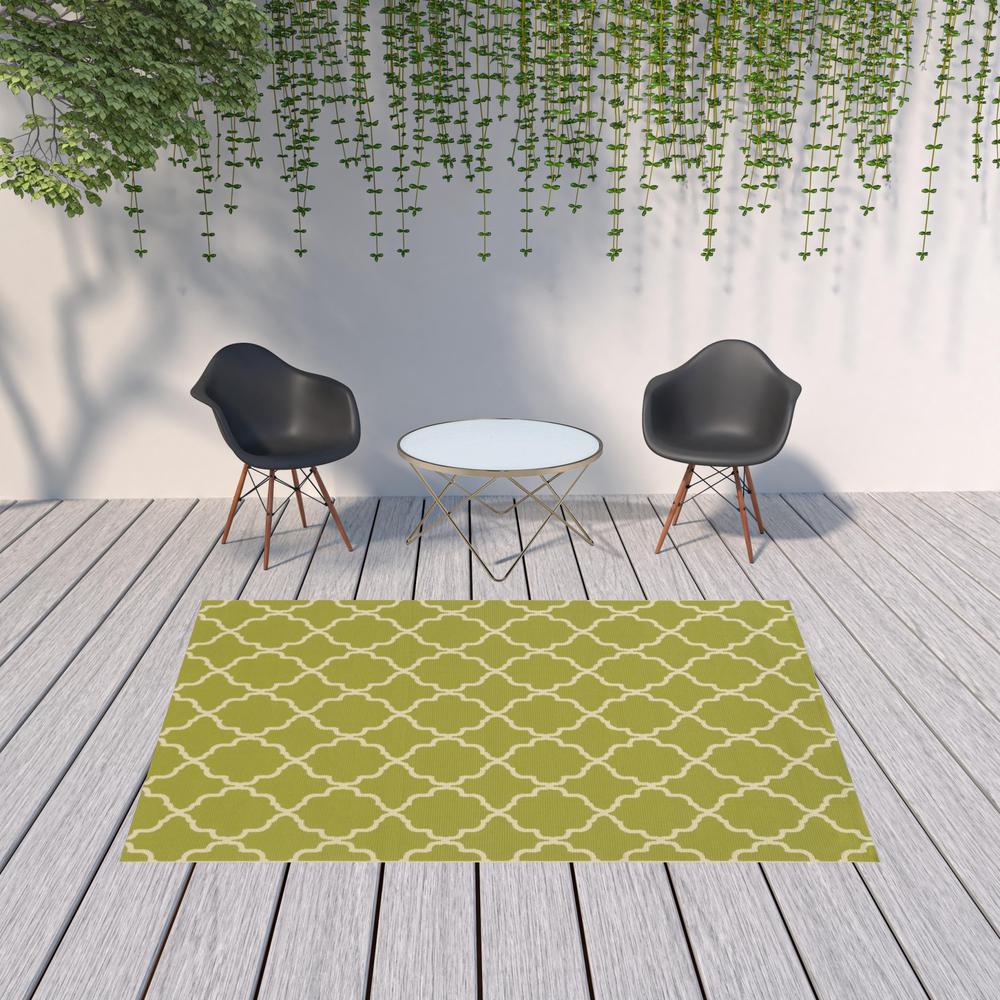 7' x 10' Green and Ivory Geometric Stain Resistant Indoor Outdoor Area Rug. Picture 2