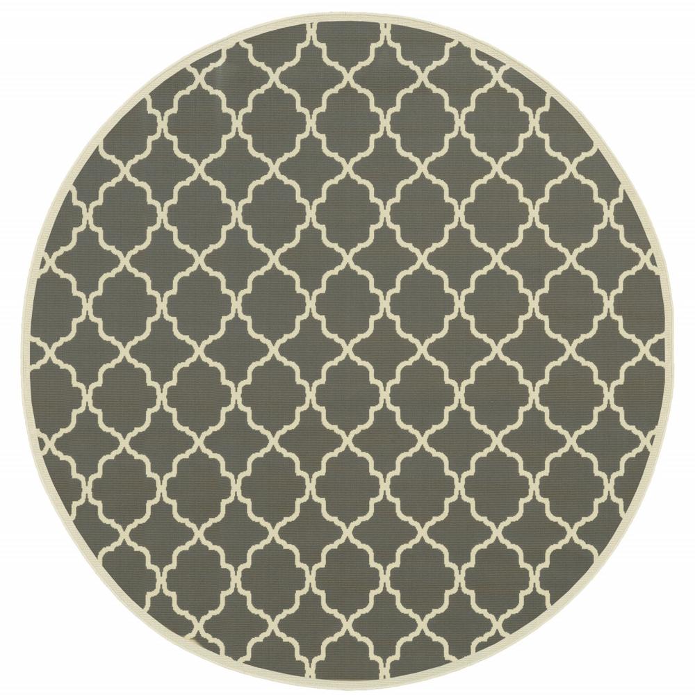 8' x 8' Charcoal Round Geometric Stain Resistant Indoor Outdoor Area Rug. Picture 1