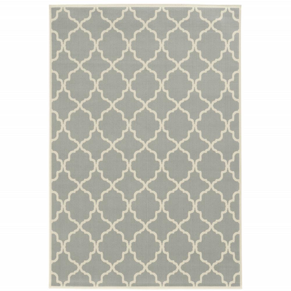 7' x 10' Gray and Ivory Geometric Stain Resistant Indoor Outdoor Area Rug. Picture 1