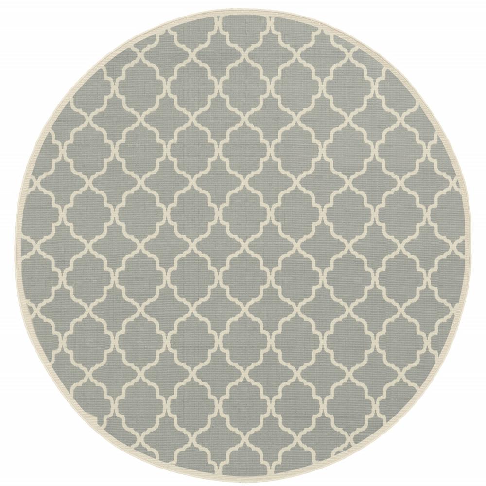 8' x 8' Gray and Ivory Round Geometric Stain Resistant Indoor Outdoor Area Rug. Picture 1