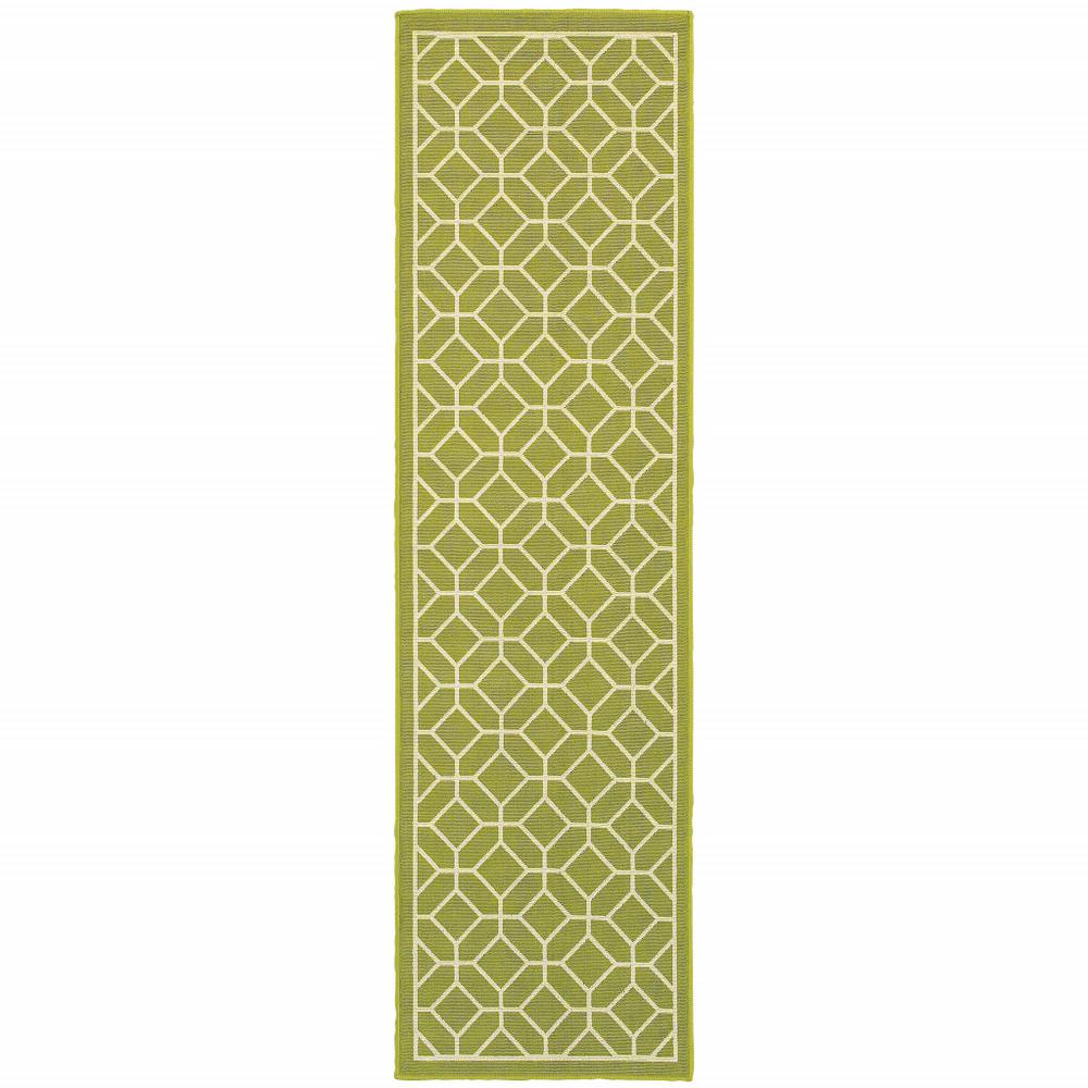 2' X 8' Green and Ivory Geometric Stain Resistant Indoor Outdoor Area Rug. Picture 1