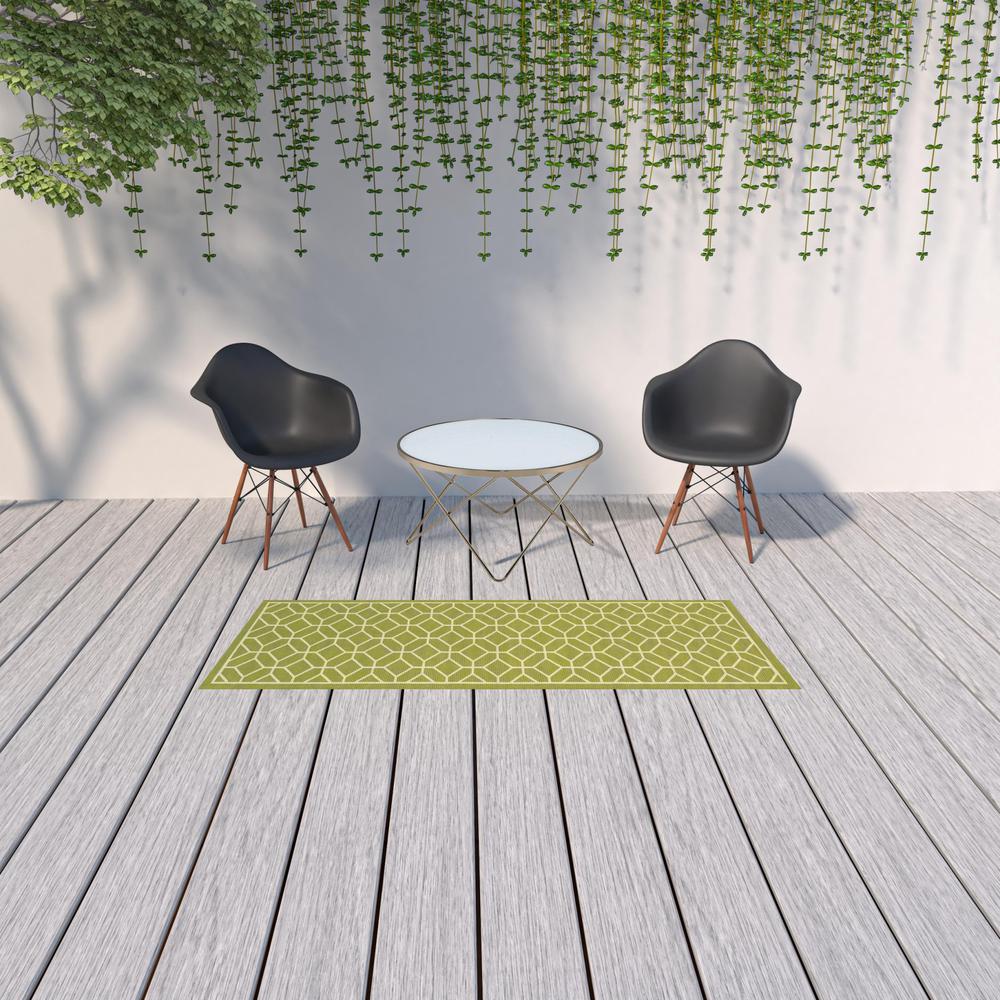 2' X 8' Green and Ivory Geometric Stain Resistant Indoor Outdoor Area Rug. Picture 2