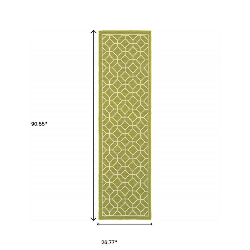 2' X 8' Green and Ivory Geometric Stain Resistant Indoor Outdoor Area Rug. Picture 4