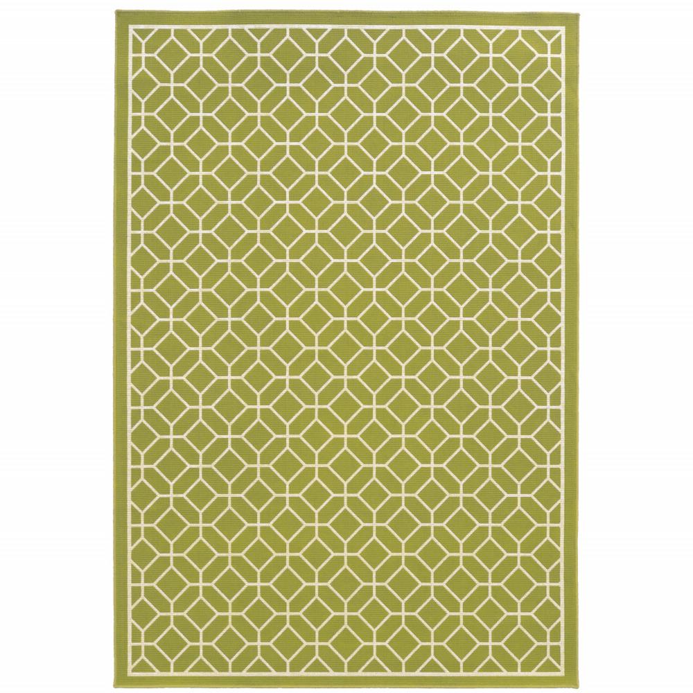 2' X 4' Green and Ivory Geometric Stain Resistant Indoor Outdoor Area Rug. Picture 1